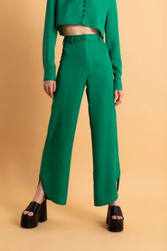 Shop the classic Gina High Waisted Pant in Emerald Green from Santos by Monica. Made from 100% TENCEL Apparel, these pants are lightweight and sustainable. Perfect for summer! Chic High-waisted Viscose Pants, Versatile High-waisted Viscose Pants, Stretch High-waisted Viscose Pants, Stretch Viscose Straight Leg Pants, Stretch Straight Leg Viscose Pants, Versatile Straight Leg Viscose Bottoms, Solid Viscose Trousers, Solid Straight Viscose Pants, Green Wide Leg Viscose Bottoms