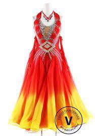 a red and yellow dress with silver accents