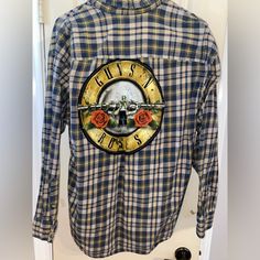 Nwt Flannel With Guns N Roses Patch On Back Never Worn M/L Pink Nike Pros, Purple Plaid Shirt, Bleached Flannel, Duck Shirt, Adventurous Women, Turtleneck Tunic, Striped Long Sleeve Tee, Top Shirt Women