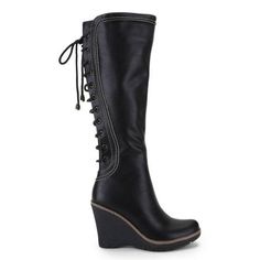 Tall (shaft height of 18") or low (shaft height of 14") knee-high wedge heels boots with stitch details on upper and shaft. Side zipper opening and lace-up fastening in the back. These boots can be your all-season complements to skinny jeans or leggings. For female adult. Size: 11.  Color: Black. Tall Female, Knee High Wedge Boots, Wedge Heel Boots, High Wedges, Winter Walk, Womens Knee High Boots, Latest Shoes, Wedge Boots, Heel Boots