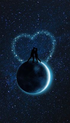 a person standing on top of a heart shaped object in the sky with stars around it