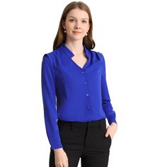 This shirt is elegant and charming for workwear or a day-to-night look, with a cut-out v-neck and unique shoulder details. No-see-through chiffon fabric and stylish v-neck make it a perfect choice for work, office, and daily wear. Pair this work office shirt with a pencil skirt, work pants, or casual jeans. The return of a classic, this button-up shirt is cut from in a chiffon sateen in an always flattering fit-and-flare silhouette. Model Body Size: Height: 5'9", Chest: 33 inches, Waist: 24 inch Blue V-neck Blouse For Office, Blue V-neck Blouse For Office Wear, Chic Blue Office Shirt, Chic Blue Shirt For Office, Elegant Blue Tops For Office, Elegant Blue Office Tops, V-neck Office Lady Shirt For Office Wear, Formal Solid V-neck Shirt, Blue Collared Blouse For Business