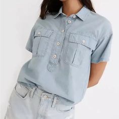 Brand New Shirt Size Xxs Everyday Chambray Button-up Tops, Summer Chambray Button-up Top, Affordable Chambray Button-up Tops, Washed Blue Chambray Button-up Top, Medium Wash Chambray Button-up Blouse, Short Faux Fur Jacket, Safari Shirt, Grey Trench Coat, Leopard Print Jacket