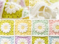 crocheted squares with flowers are shown in four different colors