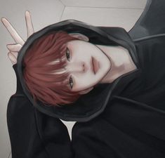 a painting of a woman with red hair wearing a black hoodie and making the peace sign