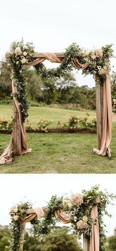 the wedding arch is decorated with flowers and greenery