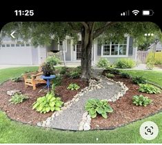 a small garden in front of a house with a tree and flowers on the ground