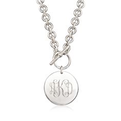 Ross-Simons - Plain - Italian Silver Personalized Disc Toggle Necklace. 18". This sterling silver necklace features a polished disc on a cable chain, showcasing its toggle clasp front and center for a classic look that will transcend time and trend. Made in Italy. Sterling silver disc necklace. Circle Charm Necklace, Personalized Charm Necklace, Cultured Pearl Bracelet, Sterling Silver Bead Bracelet, Silver Monogram, Detailed Necklace, Monogram Ring, Toggle Necklace, Script Type