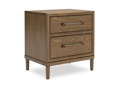 a wooden nightstand with two drawers on one side and an open drawer on the other