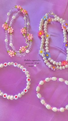 four different bracelets with beads and flowers on purple background, including one beaded