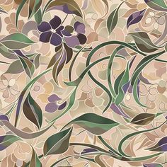 an abstract floral pattern with green leaves and purple flowers on a beige background is shown