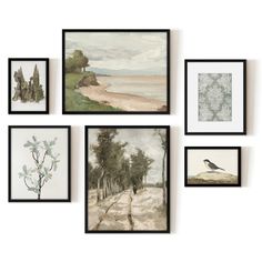 several framed pictures hang on the wall above a tree and road with a bird sitting on it