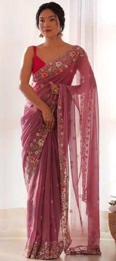 Pink and Majenta color Saree in Organza Silk fabric with Embroidered, Resham, Thread work Heavy Organza Saree, Saree With Designer Blouse, Woven Stitch, Designer Silk Sarees, Embroidered Border, Ghagra Choli, Embroidery Saree, Trendy Sarees, Festive Wear