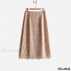 Olivia Mark - Elegant Apricot Water-Soluble Lace Half-Length Skirt - A Sophisticated and Sensual Midi Skirt Elegant Non-stretch Lace Bottoms, Feminine Beige Lace Skirt, Beige Lace Long Skirt, Elegant Stretch Lace Mini Skirt, Elegant Lace Stretch Mini Skirt, Elegant Non-stretch Knee-length Mini Skirt, Elegant Lace Mini Skirt With Lining, Elegant Non-stretch Lined Pencil Skirt, Elegant Beige Stretch Maxi Skirt