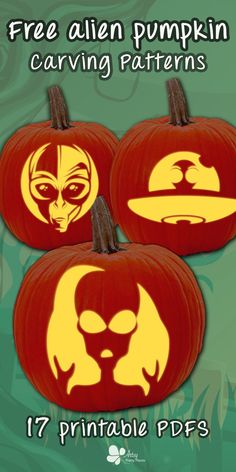 three pumpkins with faces carved into them and the words free alien pumpkin carving patterns