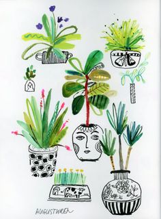 a drawing of potted plants with faces on them