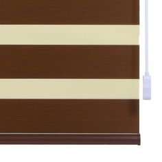 a brown and white striped roller shade on a window with an electric cord attached to it