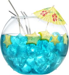 a fish bowl filled with ice and umbrellas on top of it's sides