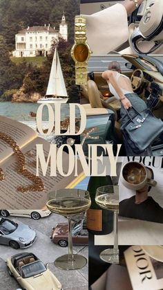 collage of old money photos with cars, people and buildings in the background that include an open book