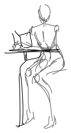 a drawing of a person sitting at a desk with their legs crossed and one hand on the table