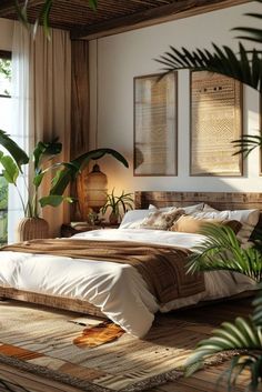 a large bed sitting in the middle of a bedroom next to two plants on either side of it