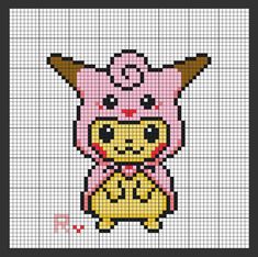 a cross stitch pattern with an animal wearing a pink hat and holding a yellow bell