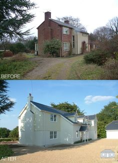 before and after shots of a house in the country side, with no roof or windows