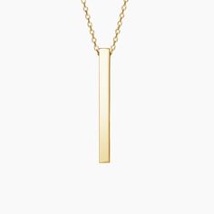 Engravable Vertical Bar Pendant - 14K Yellow Gold. Engravable on all four sides, this lustrous bar hangs elegantly from a cable chain for a sleek and sophisticated look. Vertical Bar, Sophisticated Look, Brilliant Earth, Bar Pendant, Lab Diamonds, Eternity Ring, Cable Chain, Quality Jewelry, Chain Lengths