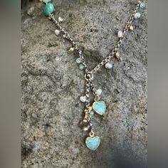 Amazonite Hearts, Hugged By 14kt Gold Plate, Dance With Luminous Pearl, Faceted Smoky And Blue Quartz, Amazonite And 14kt Gold-Plated And Thai Silver Beads On A Handcrafted Sterling Silver And Knotted Leather Necklace. Made In Usa. Exclusive. 17" To 25"L. 1-3/4" Drop. Sundance Jewelry, Earring Ideas, Blue Quartz, Leather Necklace, Jewelry Diy, 14kt Gold, Tango, Silver Beads, Diy Ideas