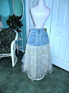 "This \"Belle Bohémienne\" jean skirt is one of my line of Renaissance Denim Couture, the name I chose for my line of couture because I take vintage denim and give it new life with French bohemian flair. To make this Renaissance Denim couture, I took an authentic pair of vintage 1970's GAP jeans and upcycled them by adding an exquisite vintage Marrika Nakk skirt that has lots of layers of gorgeous, exquisite, antique eyelet lace and soft bridal tulle in beautiful golden beige and ceam The waist Cowgirl Mermaid, Fairy Cowgirl, Denim Couture, French Bohemian, Lace Jeans, Church Fits, Rose Jeans, Fairy Festival, Boho Fairy