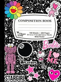 the composition book is decorated with various stickers