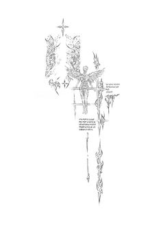 a drawing of an angel on top of a cross with the words, and symbols below it