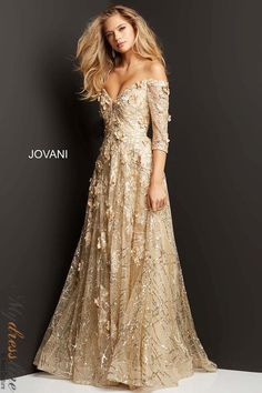 This Jovani dress is perfect for any formal occasion. The floral embellishments add a touch of elegance, while the A-line silhouette flatters your figure. You'll look and feel like a princess in this gown! Coronation Dresses, Floral Evening Gown, Michelle Obama Fashion, Jovani Gown, Jackie Dress, Stylish Gown, Prom Dresses Elegant, Mother Of The Bride Gown, Bride Gown