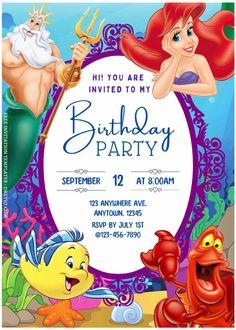 the little mermaid birthday party with ariel, flounds and other cartoon characters on it