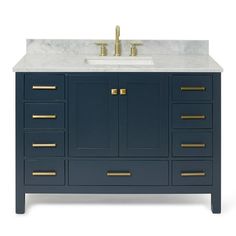 a bathroom vanity with marble counter top and gold hardware on the bottom, against a white background