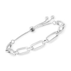 Ross-Simons - Italian Sterling Silver Paper Clip Link Bolo Bracelet. Adjustable and right on trend, our sterling silver paper clip link bolo bracelet from Italy is an everyday essential. With a modern look and major versatility, you can style it solo or stacked for effortless wear. Perfect for shopping trips, lunch dates and those last-minute weekend getaways! Adjusts to fit most wrists. Sterling Silver paper clip link bolo bracelet. Modern Metal Jewelry For Work, Modern White Gold Adjustable Chain Bracelet, Adjustable Modern Sterling Silver Chain Bracelet, Modern Adjustable Sterling Silver Link Bracelet, Modern Adjustable White Gold Chain Bracelet, Trendy Silver Paperclip Bracelet, Adjustable Sterling Silver Bracelet With Solid Link, Adjustable Sterling Silver Bracelet With Solid Link Construction, Adjustable Sterling Silver Oval Link Bracelet For Everyday