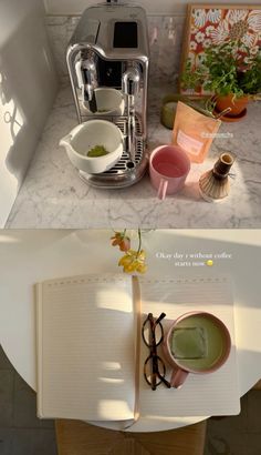 two photographs of the same kitchen counter top with coffee maker, bowl and glasses on it