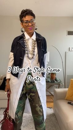 Think about camo as a neutral #styletip #style #fashion #over40style #stylehelp Dressing Up Camo Pants, Women’s Camo Pants Outfit, Green Camo Pants Outfits, Camo Pants Graphic Tee Outfit, Army Fatigue Pants Outfit, What To Wear With Camo Pants, How To Style Camo Pants, Trendy Camouflage Wide-leg Pants, Camo Pants Outfits