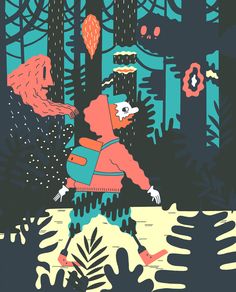 an illustration of a person walking through the woods