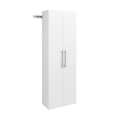 a tall white cabinet with two doors