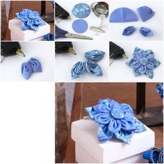 several pictures of different types of bows and hair clips, including one with a blue flower on it