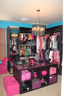 the closet is full of clothes and other things to wear for her or her daughter's birthday