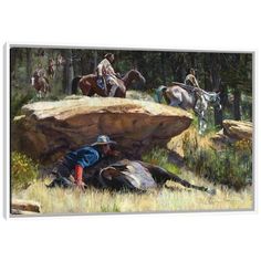 a painting of men on horses in the woods with rocks and grass, one man is laying down