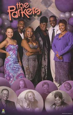 an advertisement for the tv series, the parkers featuring several people in purple dresses