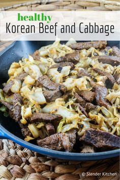 korean beef and cabbage stir fry in a skillet on a wicker place mat