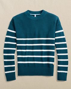 The front view of the Southern Tide Haisley Stripe Crew Neck Sweater by Southern Tide - Teal Haze Cotton Sweater With Striped Hem For Fall, Fall Workwear Sweater With Striped Hem, Striped Sweater With Ribbed Cuffs For Work, Father Son Outfits, Womens Matching Sets, Boys Swim Trunks, Southern Tide, Rich Color Palette, Sweater Style