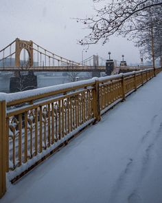 a bridge in the distance with snow on it and trees near by, during winter