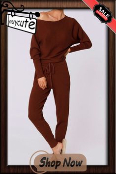 Boat Neck Long Sleeve Pants Sets Solid Sweatpants For Workwear In Fall, Fall Loungewear Ankle-length Pants, Brown Sweatpants With Elastic Waistband For Fall, Brown Sweatpants For Fall, High Waisted Joggers, Fit Outfits, Boat Neck Long Sleeve, Knit Set, Stand Out From The Crowd