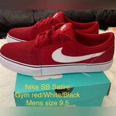 10% Authentic New With Box #Gym Red/White/Black Red Nike Skate Shoes With Vulcanized Sole, Red Casual Sneakers For Gym, Red Gym Sneakers With Branded Insole, Red Low-top Gym Sneakers, Red Low-top Sneakers For Gym, Nike Skate Shoes With Red Sole For Sports, Red Lace-up Sneakers For Gym, Shoes Nike, Nike Sb