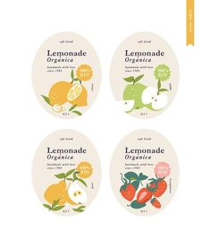 four labels for lemonade, oranges and strawberries on a white background with a yellow ribbon